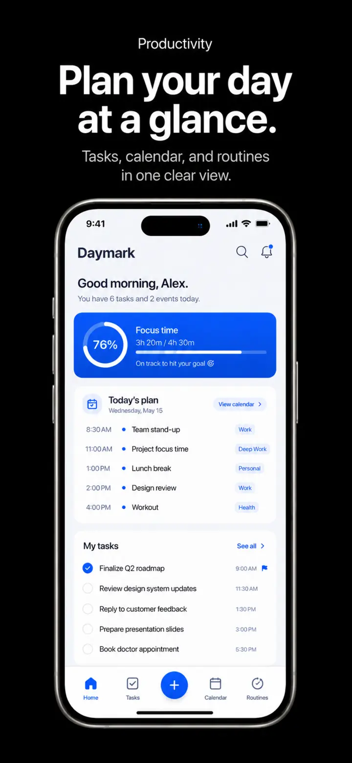 Daymark productivity app screenshot: Plan your day at a glance