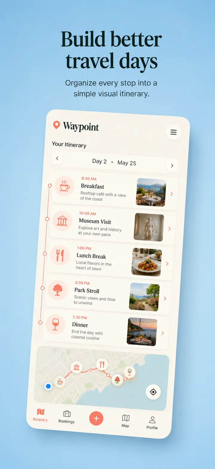 Waypoint travel app screenshot: Build better travel days