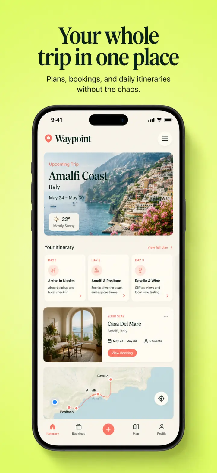 Waypoint travel app screenshot: Your whole trip in one place